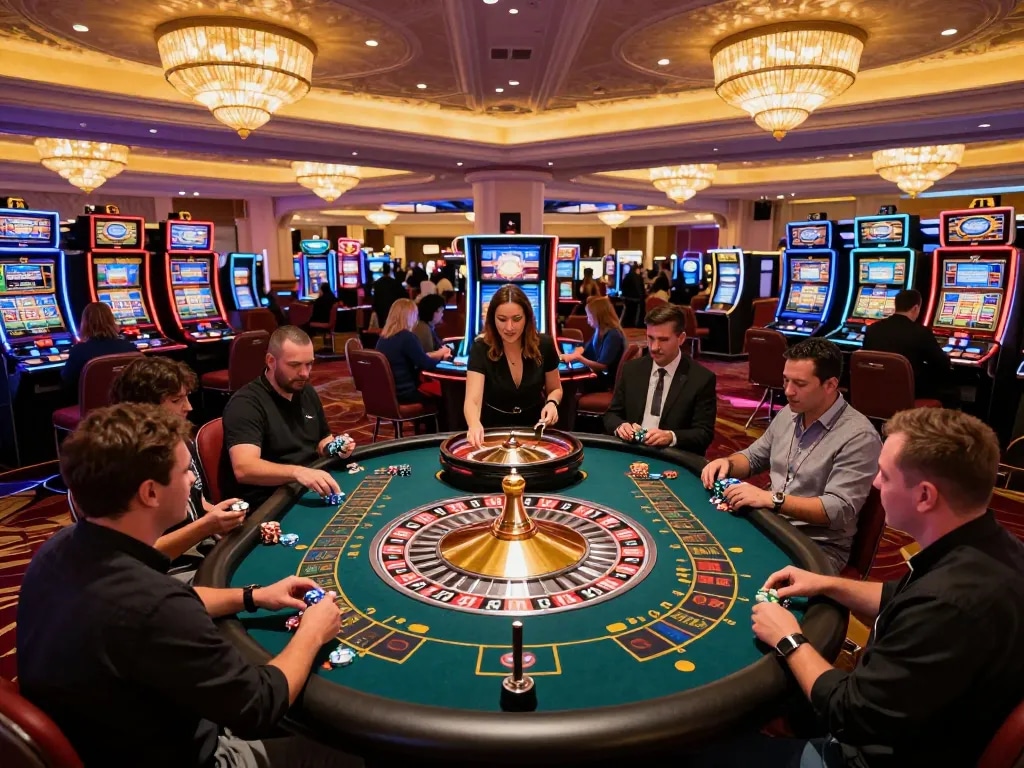 FC88 players placing bets at an exciting roulette table in a vibrant Las Vegas casino.