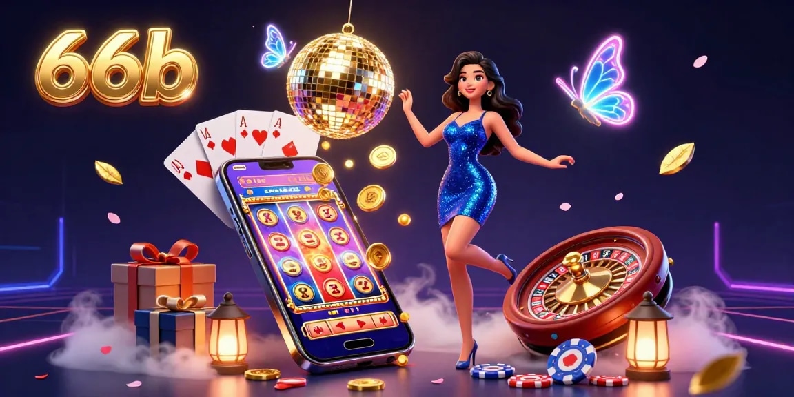 Engage with 66b in an electrifying 3D casino scene filled with vibrant gaming elements and action.