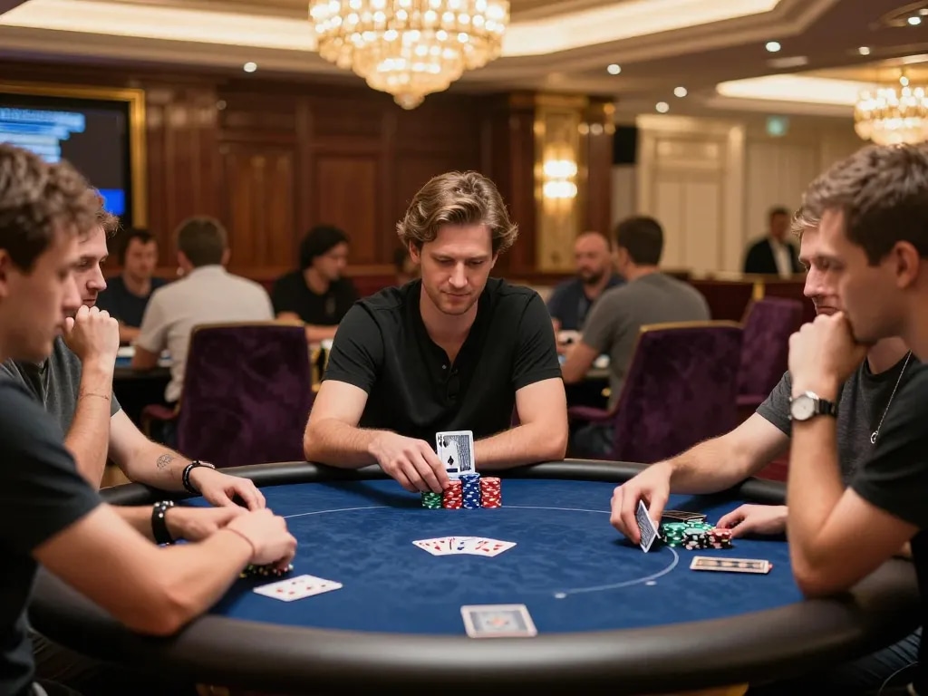 MM88 players strategizing in an upscale poker room with luxurious decor and intense gameplay.