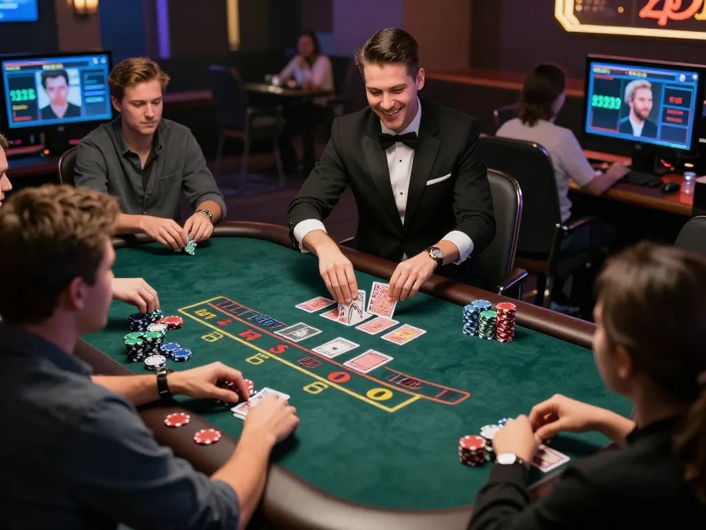 Engaging live dealer blackjack action at 23wincasino showcasing players and professional dealer.