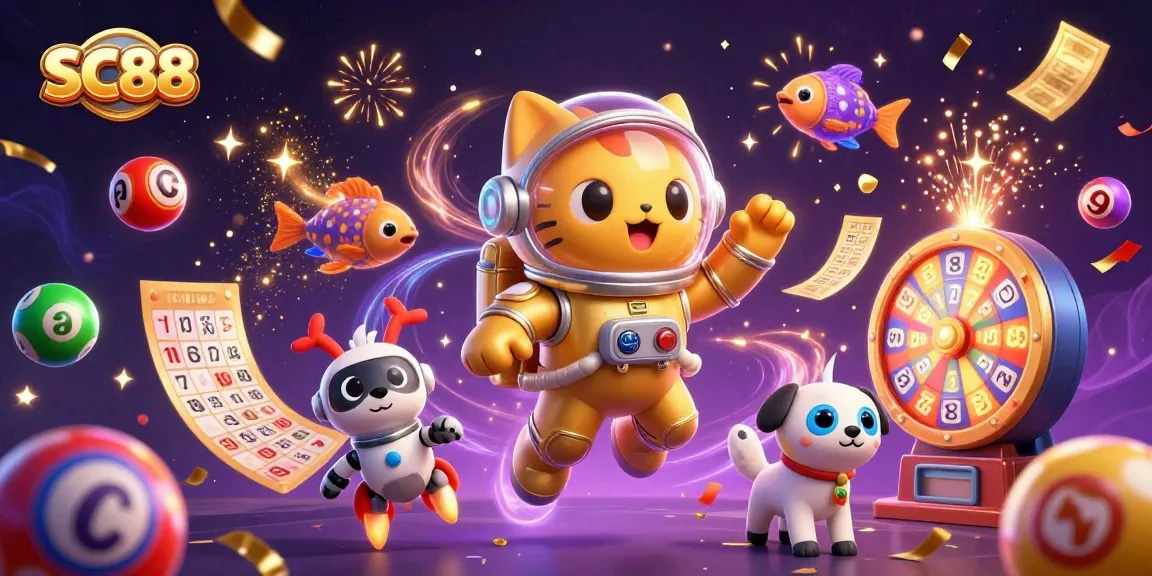 Engage with SC88 in a vibrant online casino world featuring dynamic lottery games and cosmic characters.