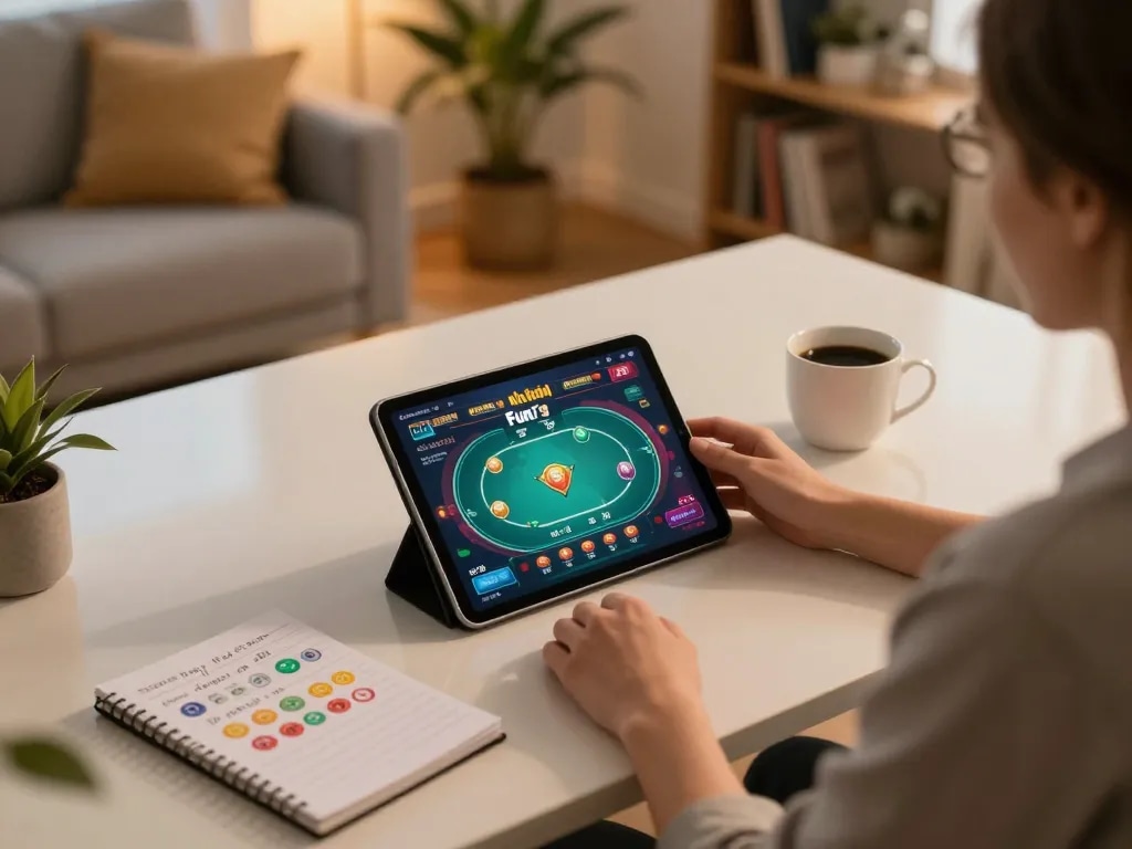 Engaging home betting scene showcasing khuyến mãi fun79 on a tablet, with strategic notes visible.