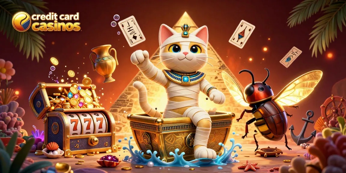 Engage with credit card casinos featuring a vibrant scene with a mummy cat and glowing scarab beetle.