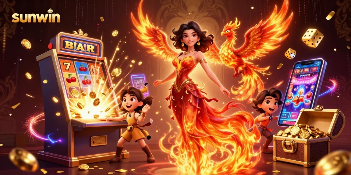 Experience the excitement of sunwin with a captivating scene of a stunning Asian woman and dynamic casino elements.