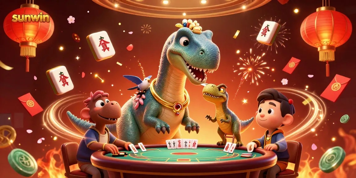 Experience thrilling gameplay at sunwin with a giant brontosaurus and clever raptor in a vibrant casino setting.