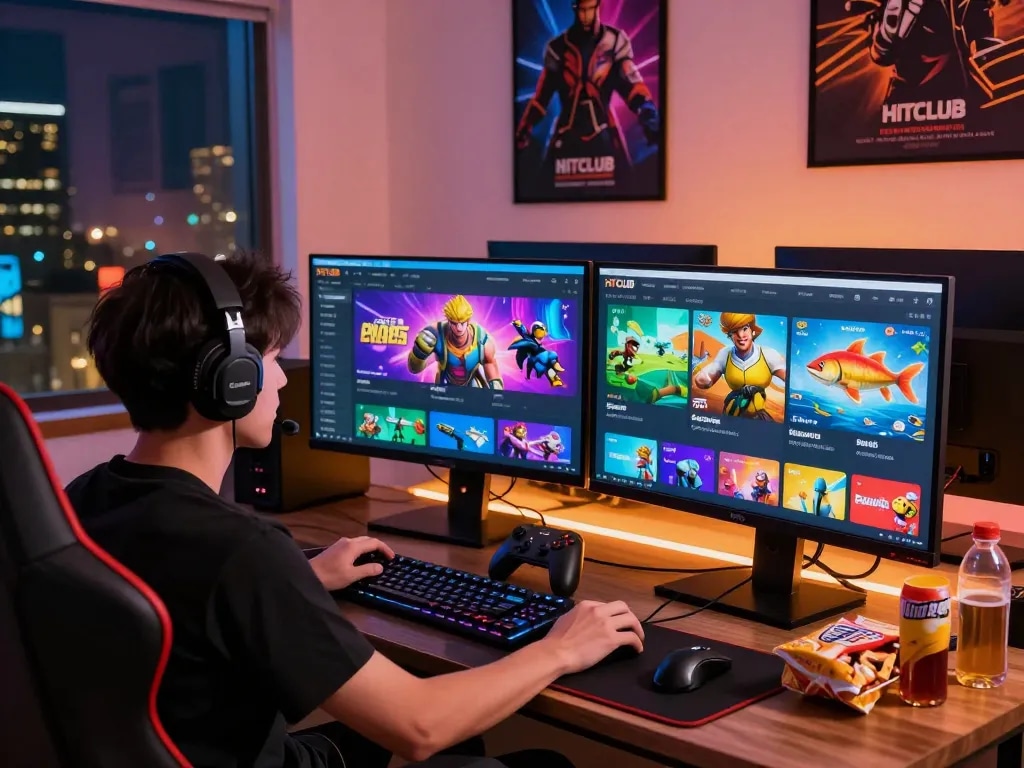 Engaged player using HITCLUB gaming platform on multiple screens with vibrant ambient lighting.