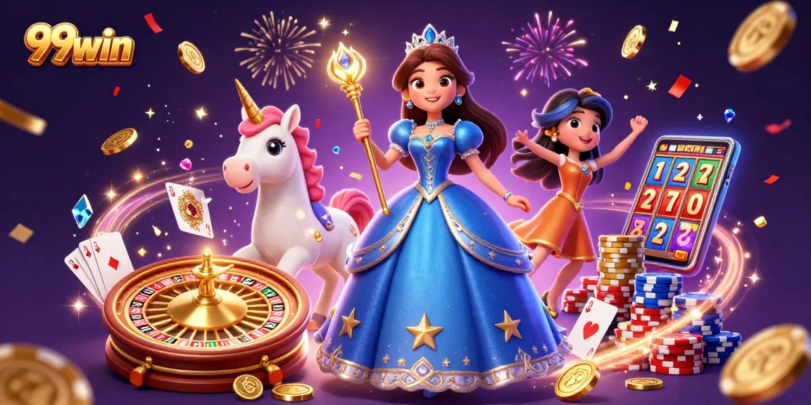 Experience the thrill of 99win with a stunning 3D illustration showcasing a majestic woman and unicorn amidst vibrant casino elements.