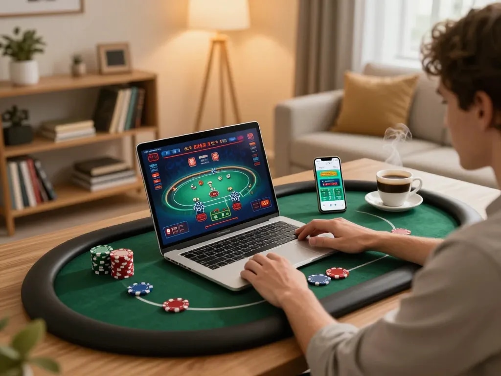 Engaged player enjoying go8 online casino gaming on a laptop with chips and warm home décor.