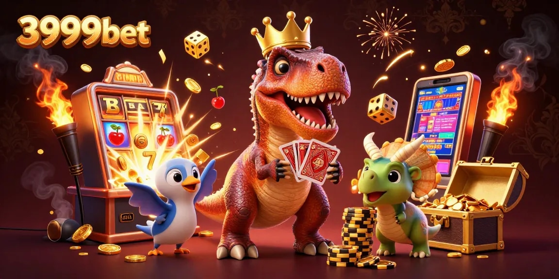 Experience exciting gameplay with 3999bet featuring a lively T-Rex and friends at a dynamic casino scene.