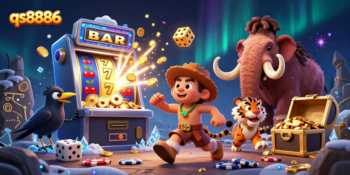 qs8886 features a vibrant prehistoric casino scene with unique characters and exciting elements
