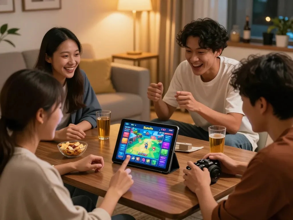 Enjoying thrilling gaming experiences with tải sunwin on tablet in a cozy living room.