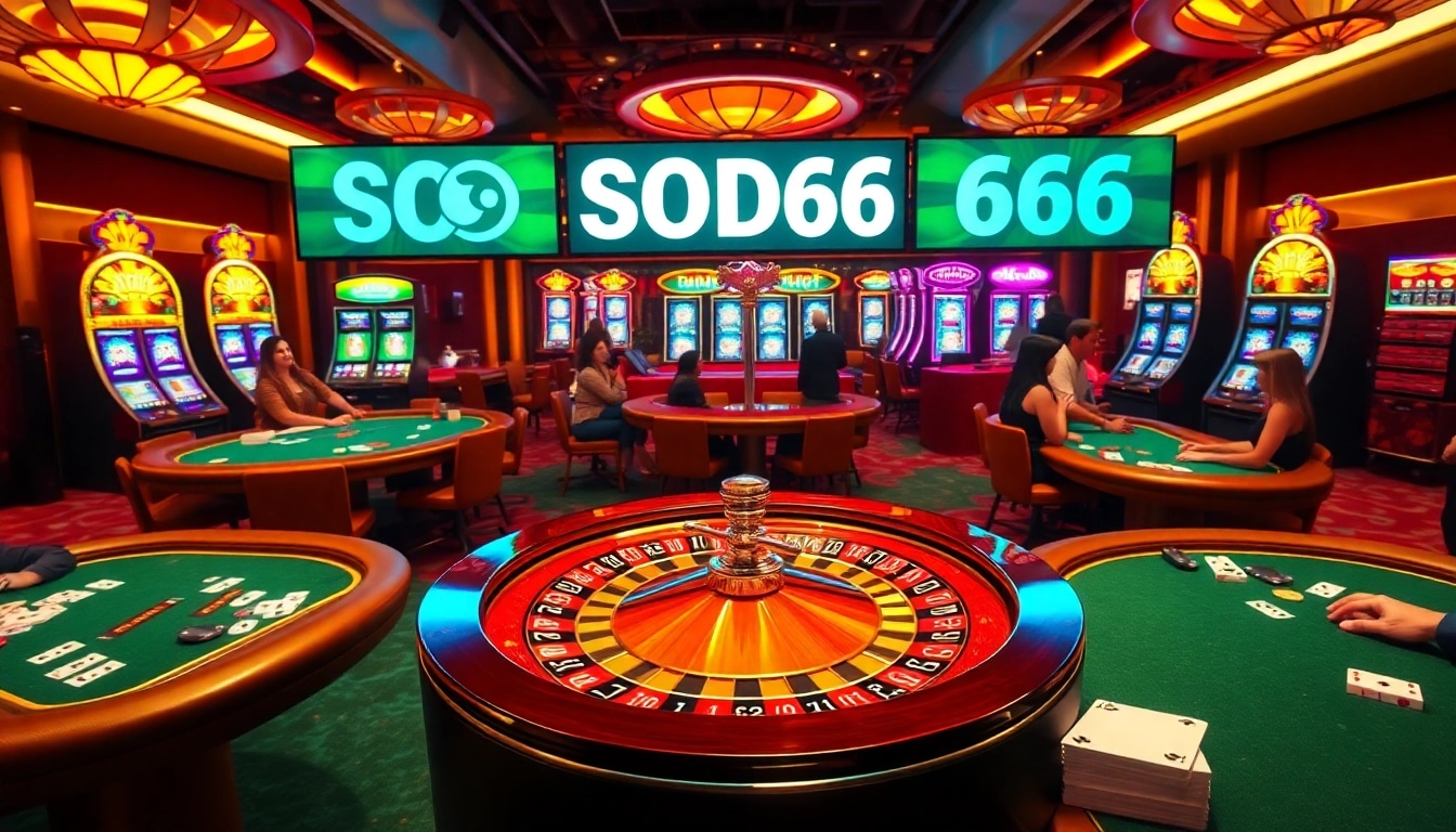 SODO66 players enjoying the thrill at a luxury casino featuring roulette and poker.