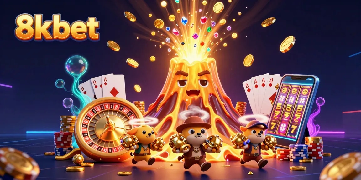 Experience dynamic wins with 8k bet as treasures erupt from a victorious volcano in a vibrant casino scene.