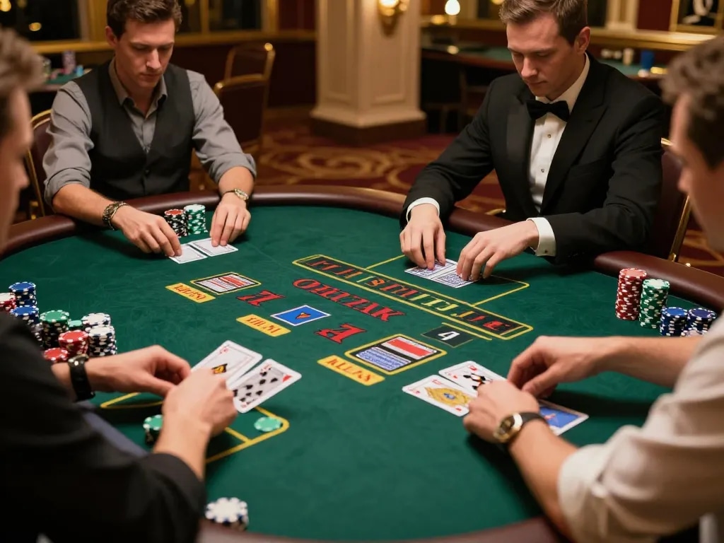Engaging blackjack game at Go 88 casino, players strategizing with cards and chips under ambient lighting.