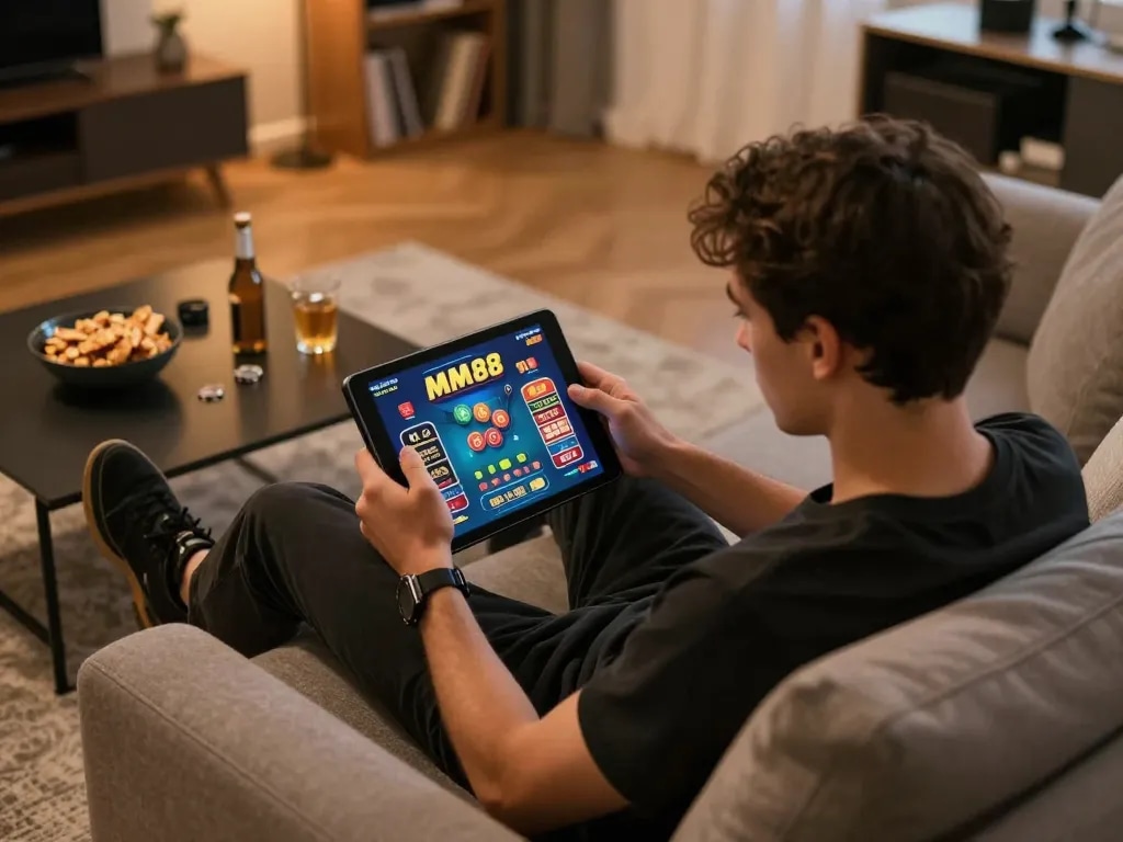 Engaging gameplay at home with MM88 online casino on tablet, showcasing strategic entertainment.
