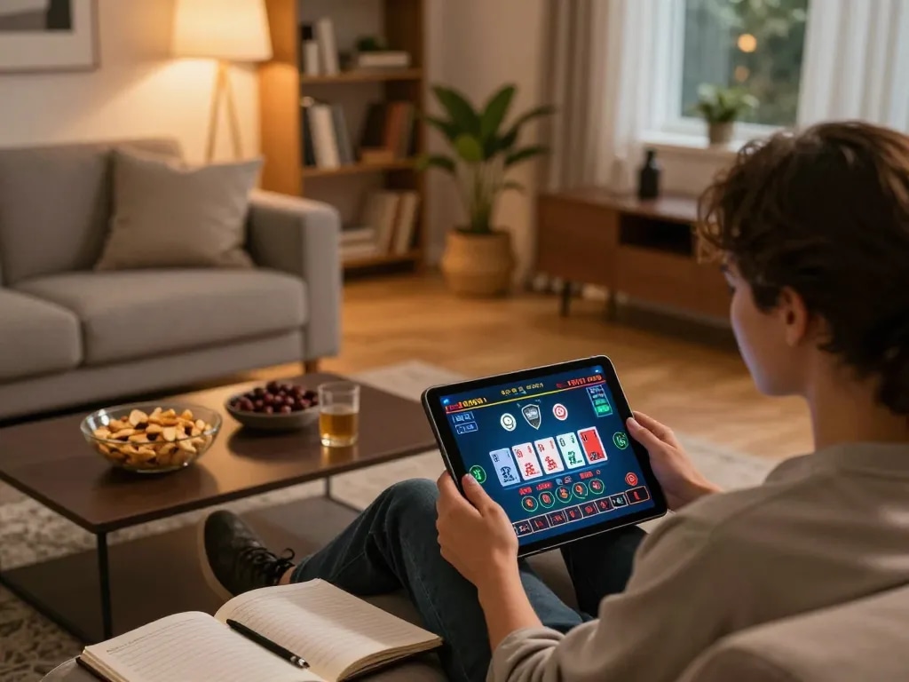 Player enjoying F168 live Baccarat game on a tablet in a cozy living room