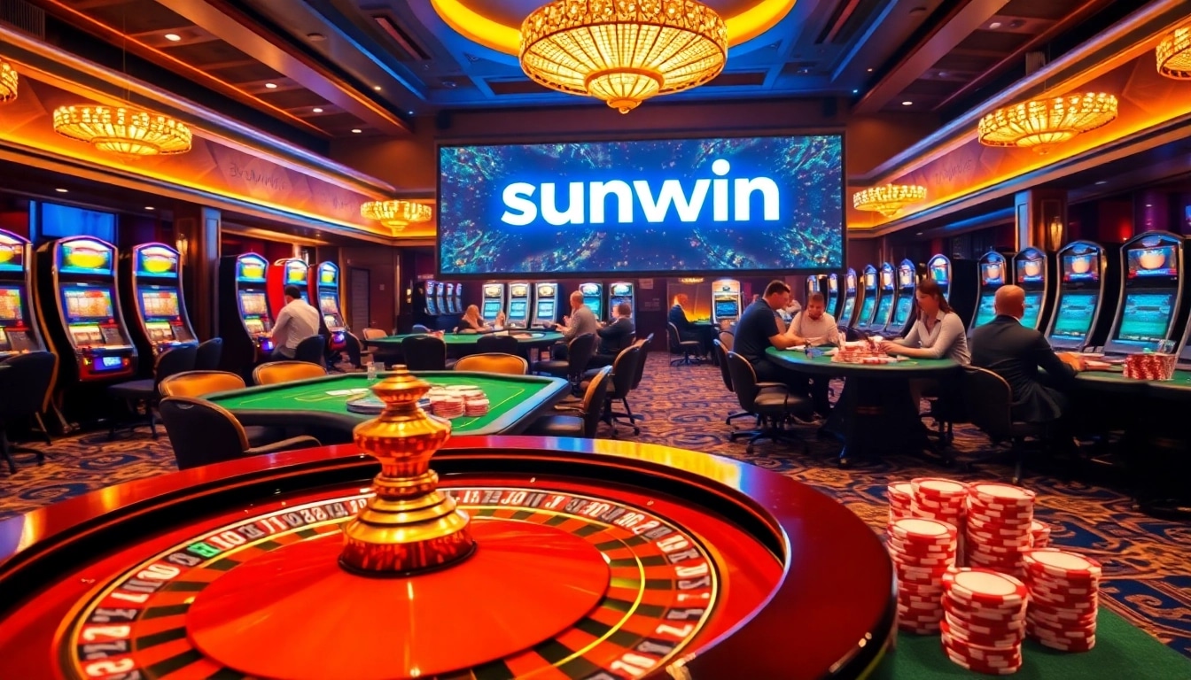 Experience thrilling gameplay at a sunwin casino with vibrant tables, roulette wheels, and focused players.