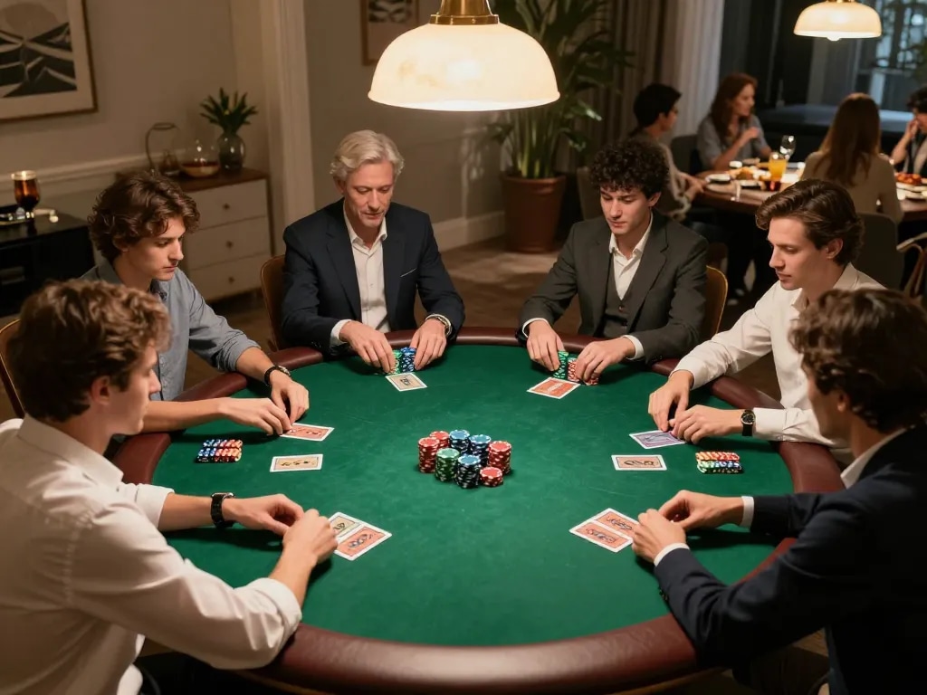 Intense poker game scene highlighting ty-le-keo strategies with players and colorful chips.