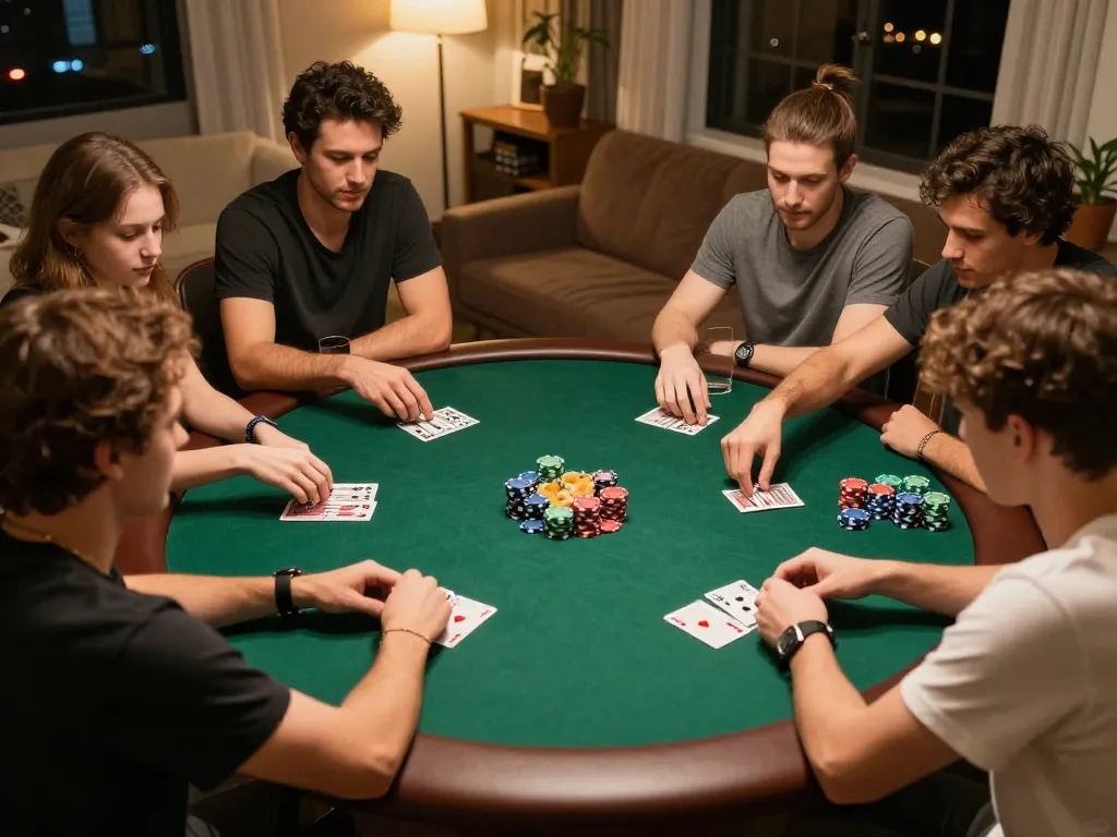 Players engaging in a friendly poker game at home, showcasing the social aspect of gambling with go8 activities visible.
