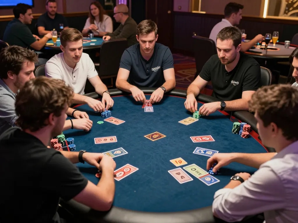 Players engaging in strategic poker gameplay at QQ88 table with chips and cards in action.