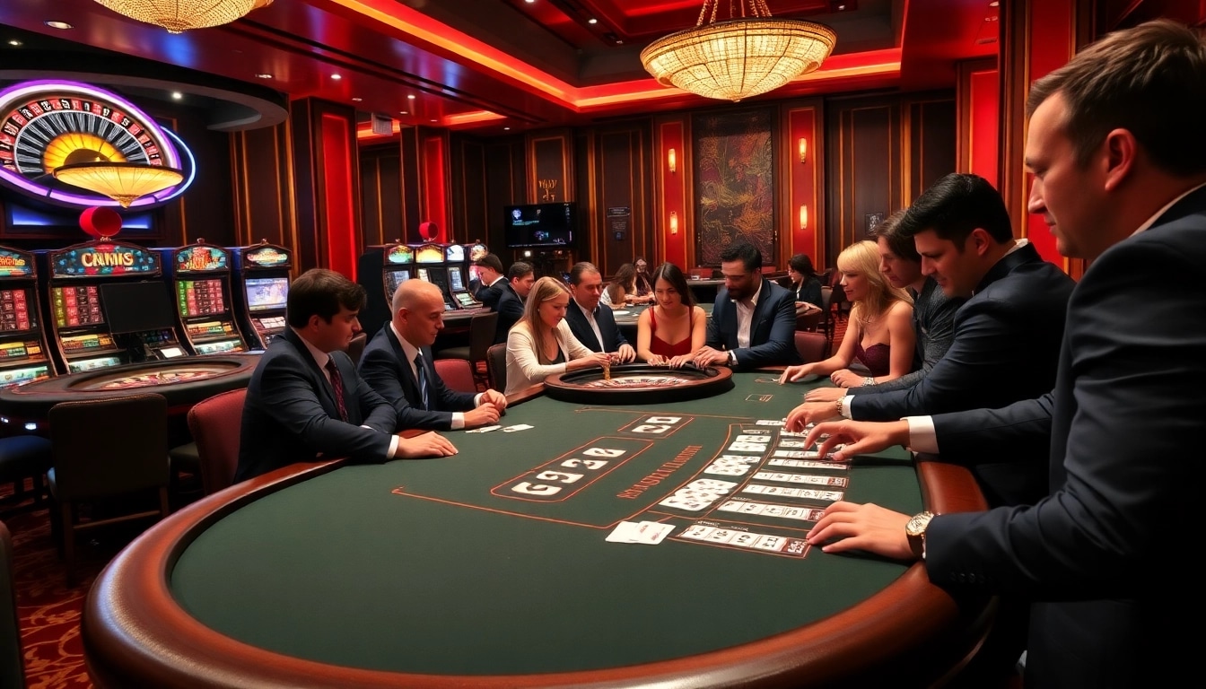 Excited players betting at c168.com in a luxurious poker room with vibrant lighting and elegant decor.