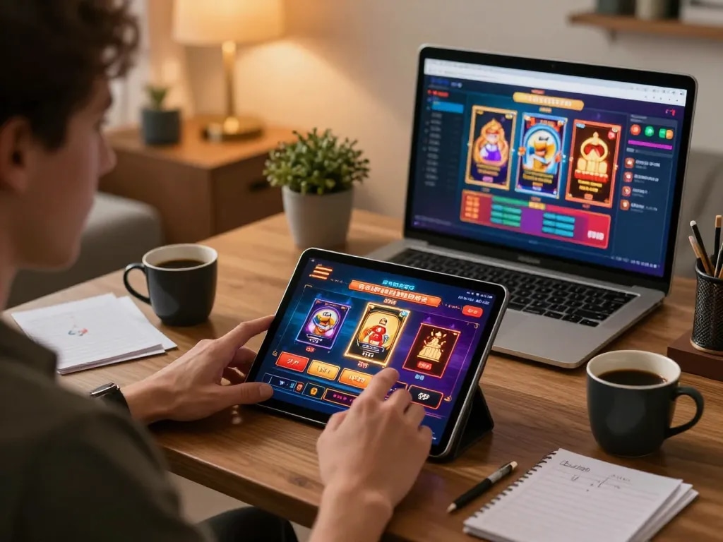 Engaging online gaming scene featuring SC 88 casino games on tablet, showcasing strategy notes and cozy setup