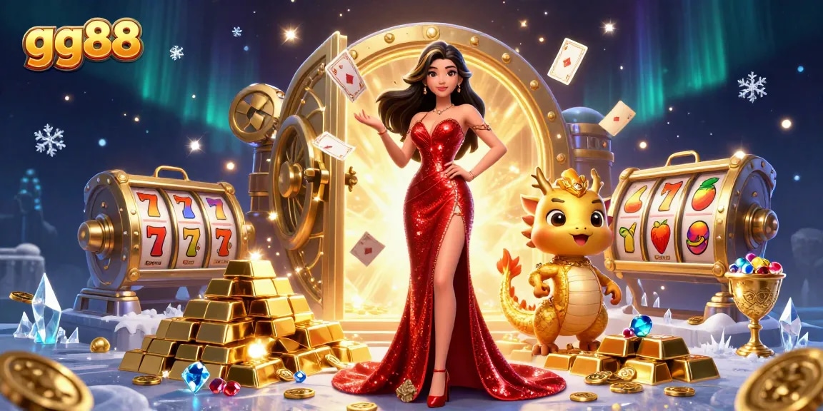 Engage with gg88's exciting slot games represented in a 3D digital illustration featuring a confident woman and colorful game elements.