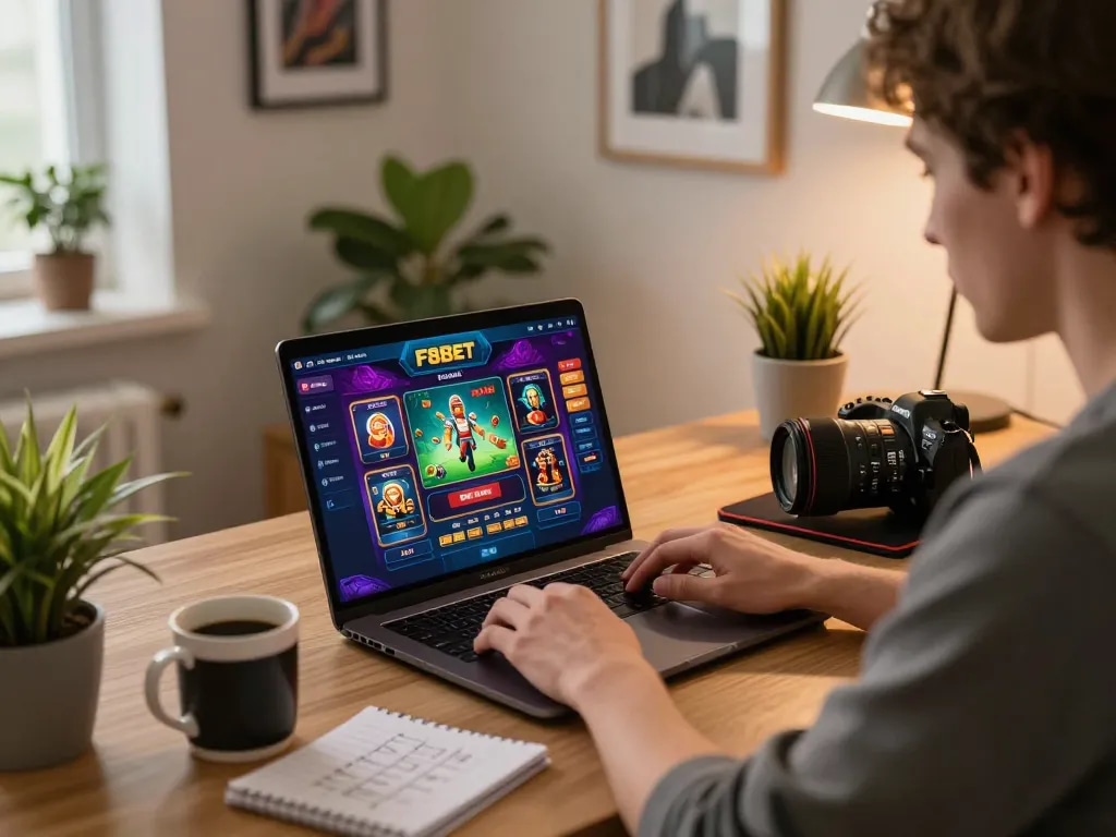 Engaging in online gaming at F8BET, showing vibrant casino interface on laptop.
