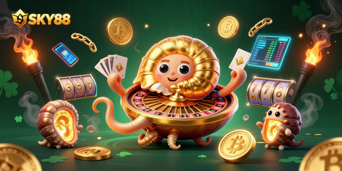 Engage with thrilling games at SKY88 featuring a stunning nautilus roulette and glowing crypto elements.