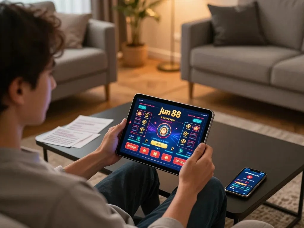 Player engages with the jun 88 online casino on a tablet in a cozy home setting.