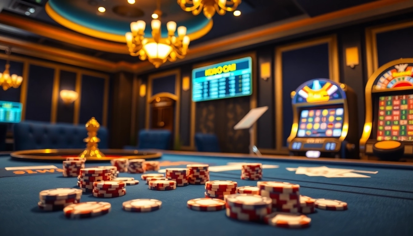 Engaging scene showcasing Kèo Nhà Cái betting action at a luxurious casino table with cards and chips.