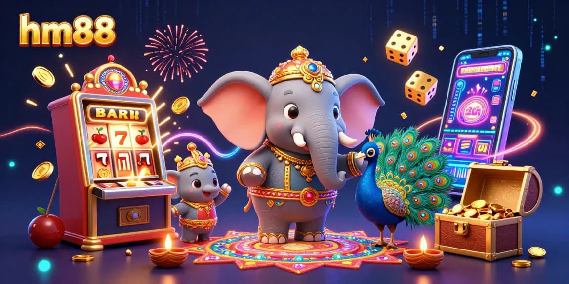 Experience excitement with hm88, featuring an ornate elephant and vibrant casino games.