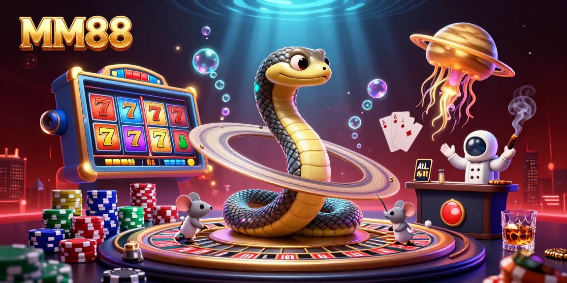 Experience the excitement of MM88 with a vibrant 3D casino scene featuring dynamic gambling elements.