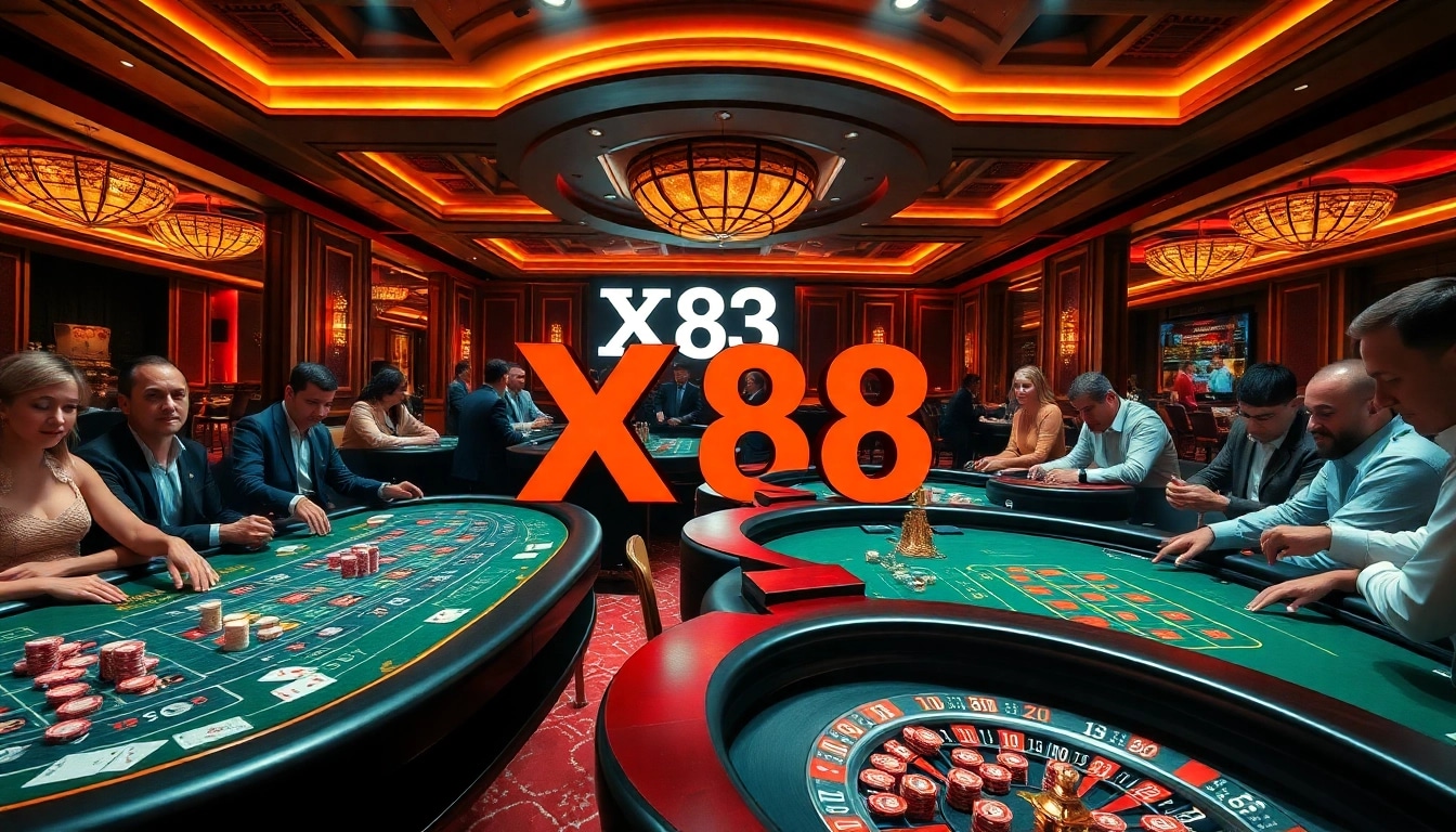Gamblers enjoying high-stakes action at X 88 luxury casino tables filled with cards and chips.