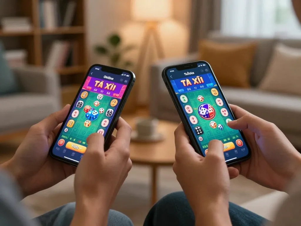 Tai Xiu Online gameplay on mobile devices with engaging user interfaces in a cozy home setting