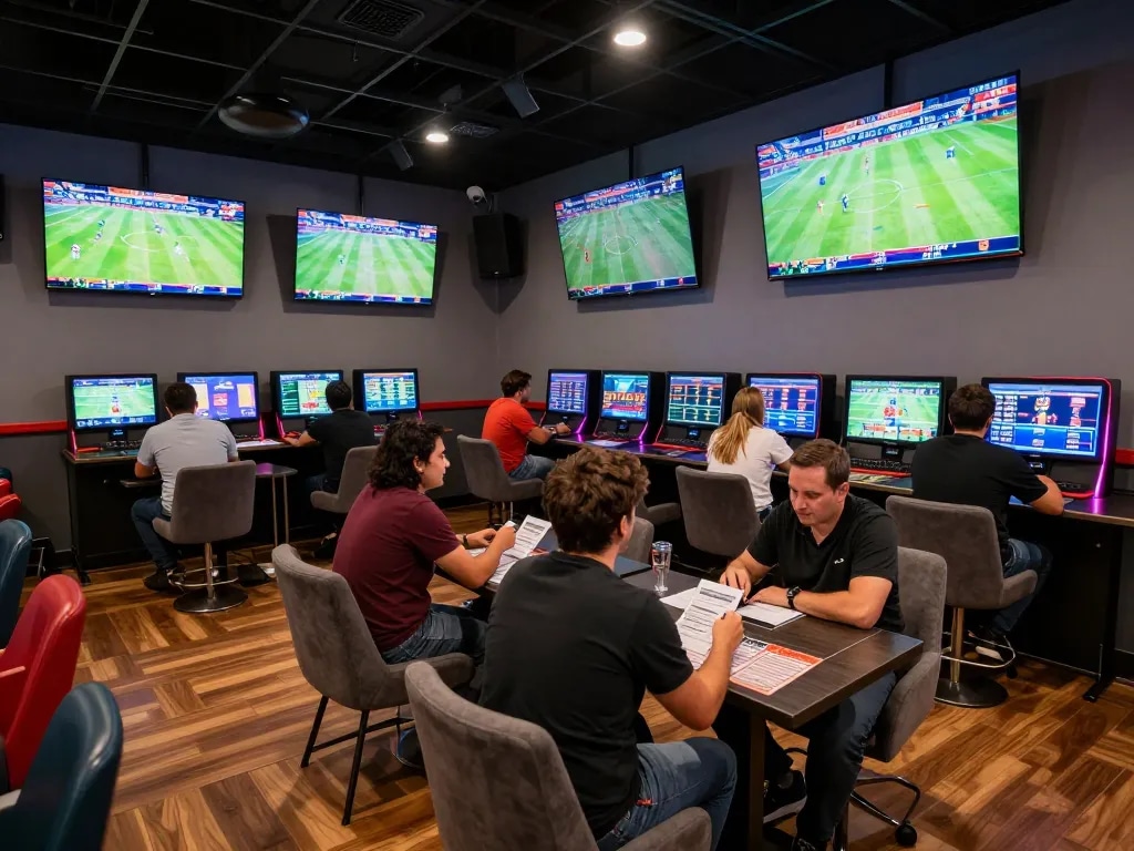 Betting at CM88 in a vibrant sports lounge, with bettors eagerly watching live games.