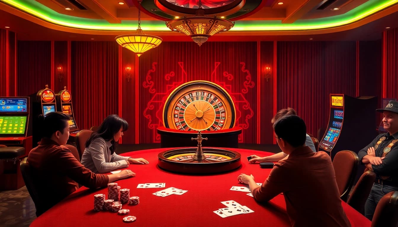 Players enjoying a vibrant casino experience with poker chips and a roulette wheel at uu88.