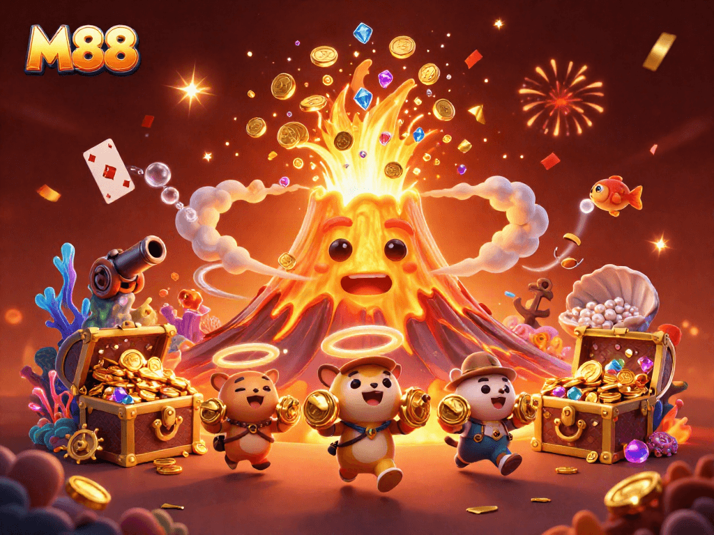 M88 captivates players with thrilling treasure-filled adventures in this vibrant casino-themed scene.