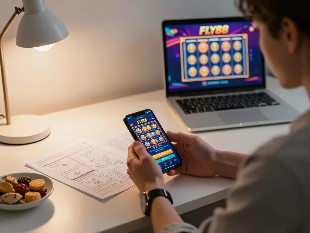 Player engaging with FLY88 casino app on smartphone amidst cozy home office setup, showcasing online gambling experience.