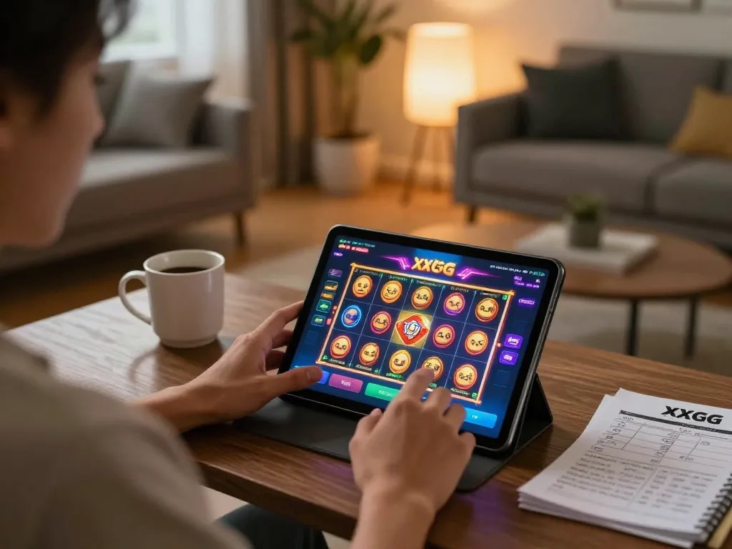 Engaged player using XXGG mobile app to enjoy exciting slot games from a cozy living room