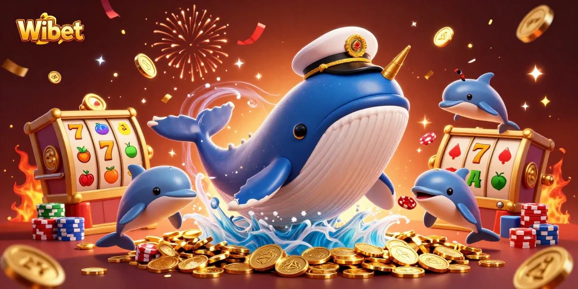 Experience Wibet with captivating 3D illustration of a whale and dolphins surrounded by casino elements.