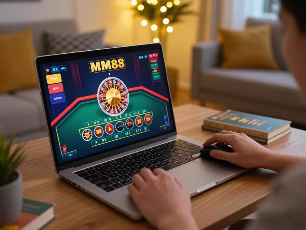 Play MM88 at home using a laptop for online roulette betting, cozy setting with warm lighting.