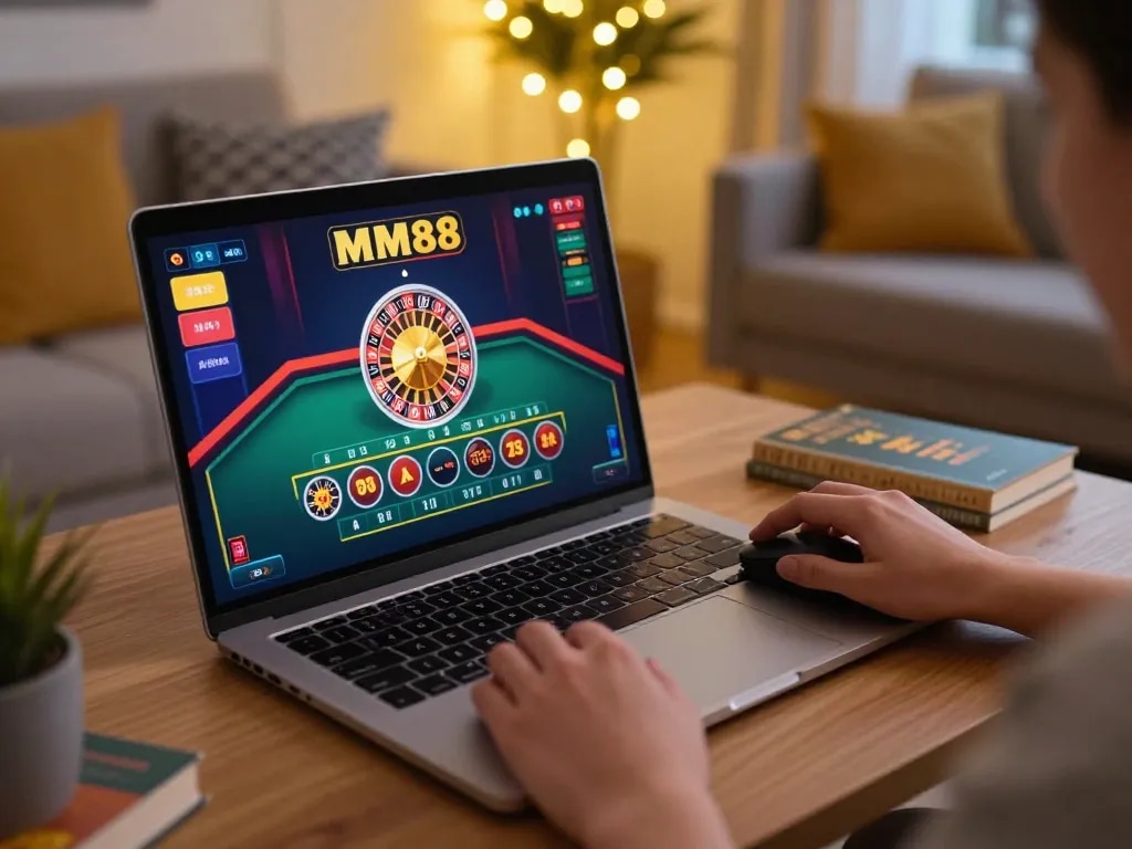 Play MM88 at home using a laptop for online roulette betting, cozy setting with warm lighting.