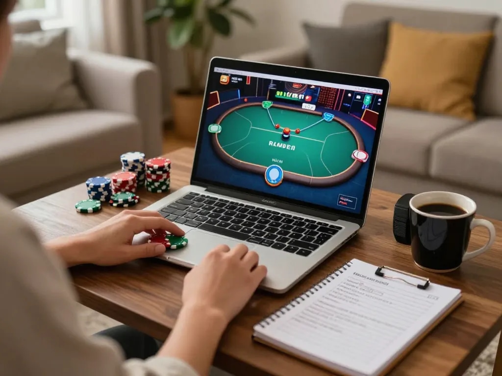 Engaging online poker gameplay on a laptop, showcasing strategies for ww88aw users in a cozy living room