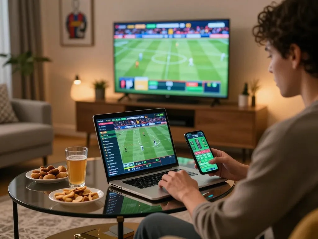 Placing live bets on 78wim using a laptop in a stylish home environment with sports events on screen.
