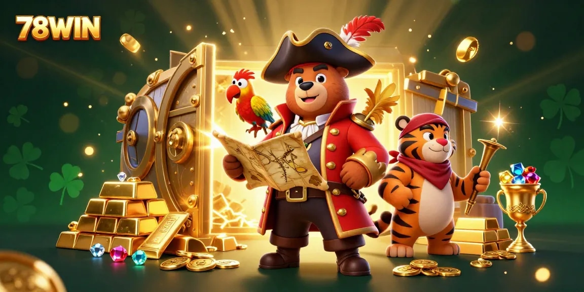 Join the excitement at 78WIN with this vibrant 3D gambling scene featuring a pirate bear, tiger, and treasure!