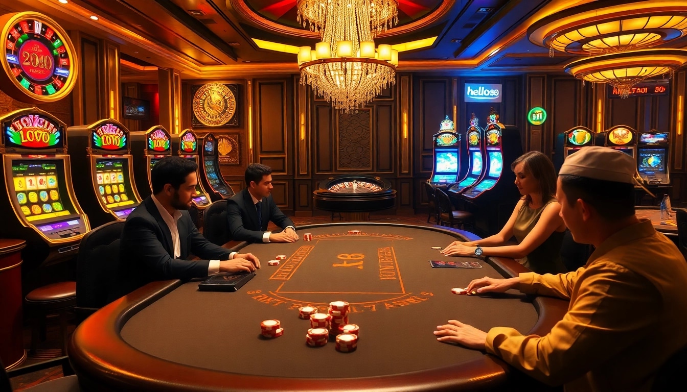 Intense poker action illuminating the lavish casino ambiance at hello88, with vibrant slot machines and roulette wheels.