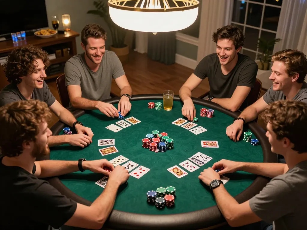 Friends enjoying an exciting poker night with Bay789, showcasing vibrant cards and chips in play.