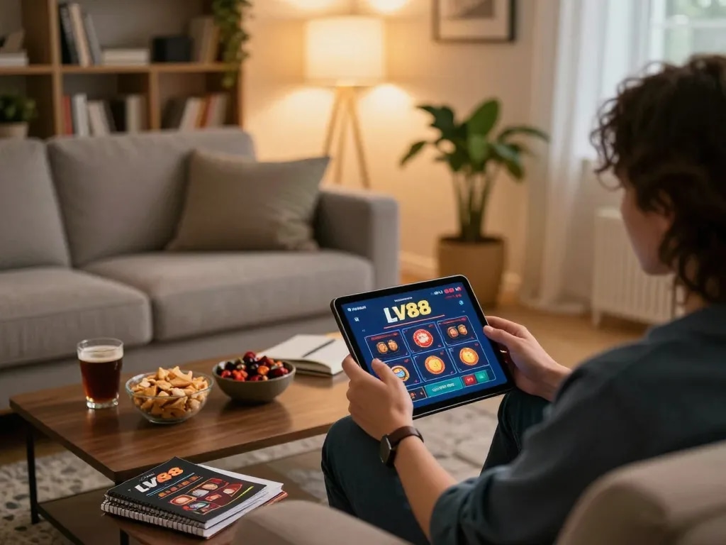 Engaging with LV88 casino app in a cozy home setting for responsible gaming