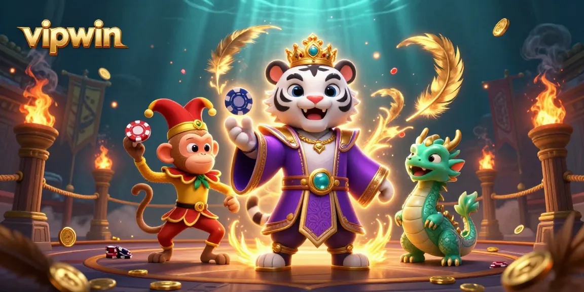 Engage in thrilling adventures at vipwin with a regal tiger and playful monkey in a vivid casino scene.